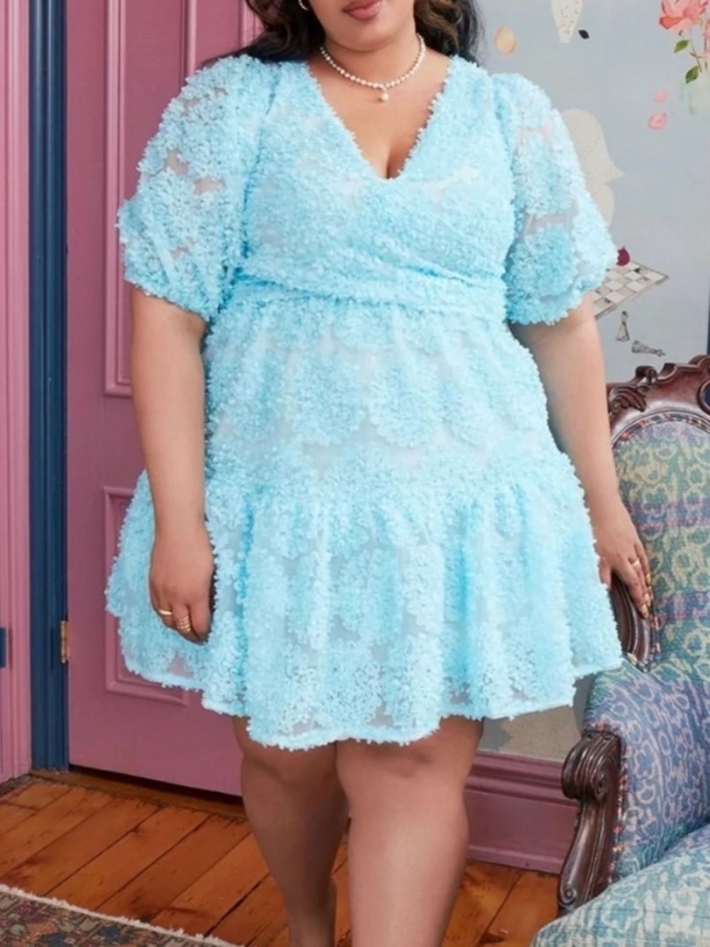 ELOQUII Plus Size 22 Light Blue Textured Applique Puff Sleeve Mini Dress NEW!